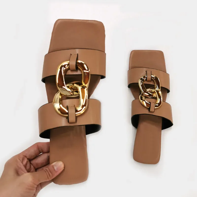 Large Size 40 41 Flat with Summer Sandals Women Beach Slip on Leather Slides Sqaure Toe Fashion Woman Outdoor Ladies Shoes