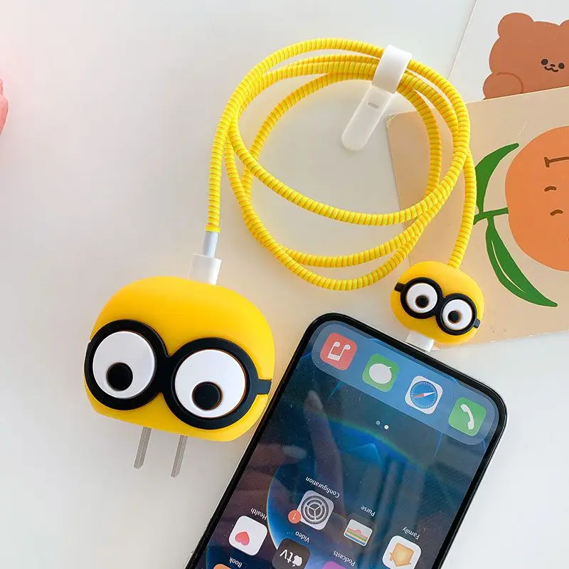 Cute 3D Yellow Big Eyes 18W 20W iphone Ipad Fast Charger Protector Case Cover,USB Data Cable Case Winder For iphone 15 14 12