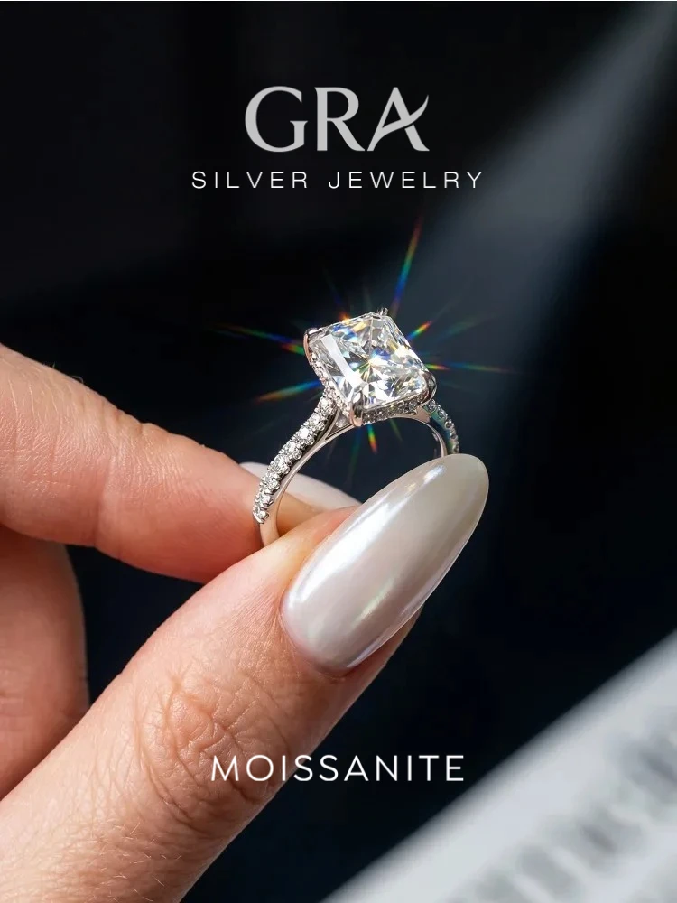 Real Fashion Luxury 4CT Rectangle Moissanite Diamond Rings for Women 925 Sterling Silver Engagement Wedding Fine Jewelry
