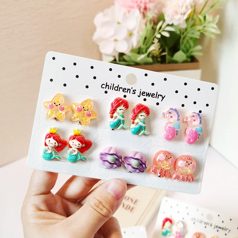 6PRS Cute Resin Clip On Earrings for Girls Hypoallergenic No Piercing Kid Butterfly Mermaid Rainbow Earring Set