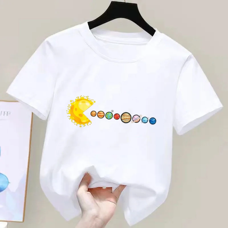 Camiseta 100% de algodón para niños, camiseta cómoda e informal con estampado de planeta y sistema Solar, camiseta de manga corta con cuello redondo para chico, camiseta para niños