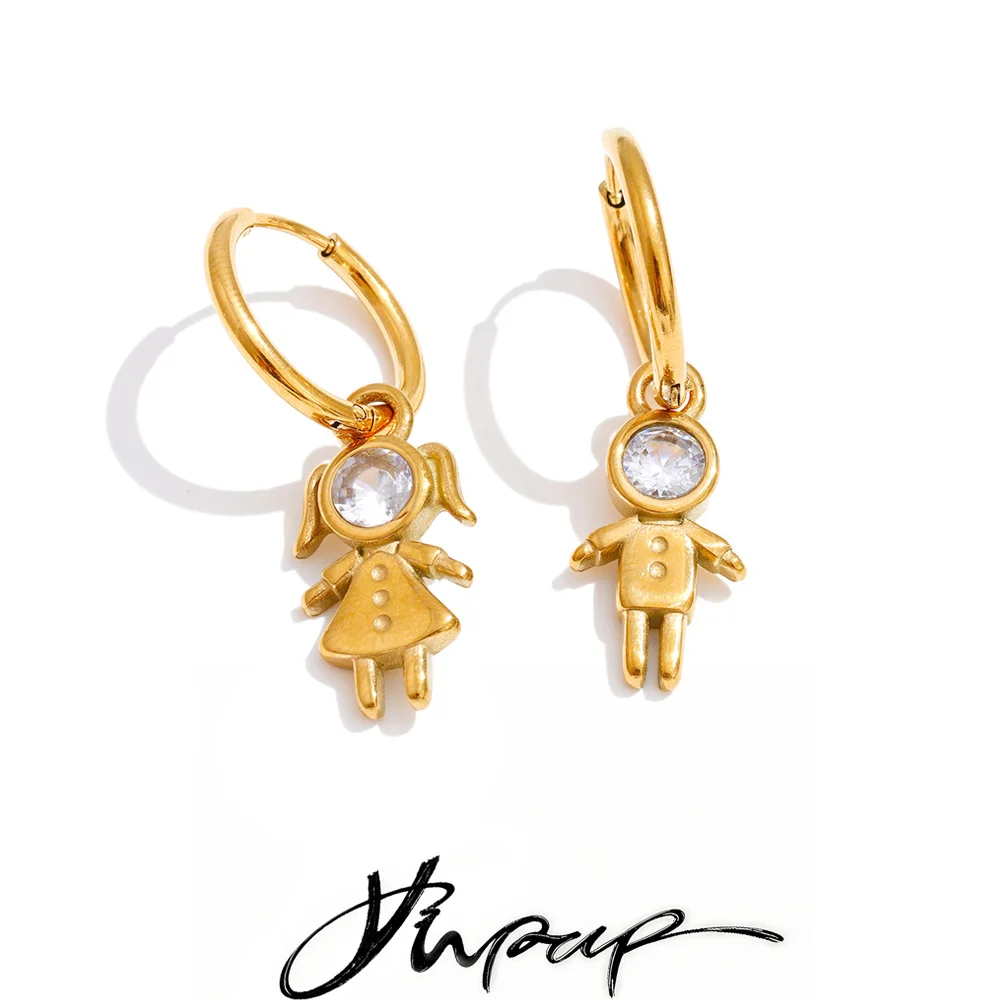 Yhpup Stainless Steel Cubic Zirconia Cute Boy & Girl Cartoon Portrait Drop Hoop Earrings Stylish Golden Jewelry Waterproof