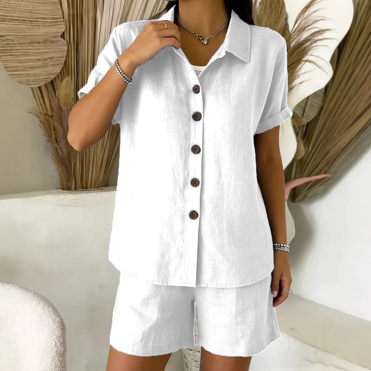 2026 New Summer Casual Button Up Cotton Linen Women's Short Sleeve Shirt Set From Europe and America XXXL Size Solid 2 Pieces