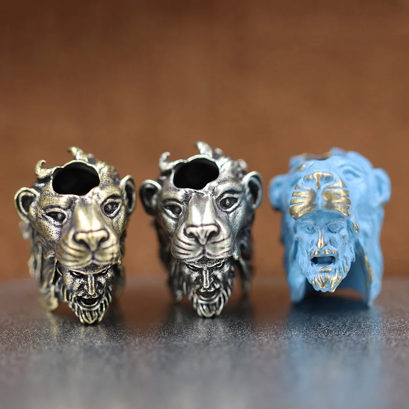 Lion King Head Sculpture Brass Knife Bead EDC Outdoor DIY Paracord Woven Lanyard Pendant Jewelry Umbrella Rope Hanging Accessory