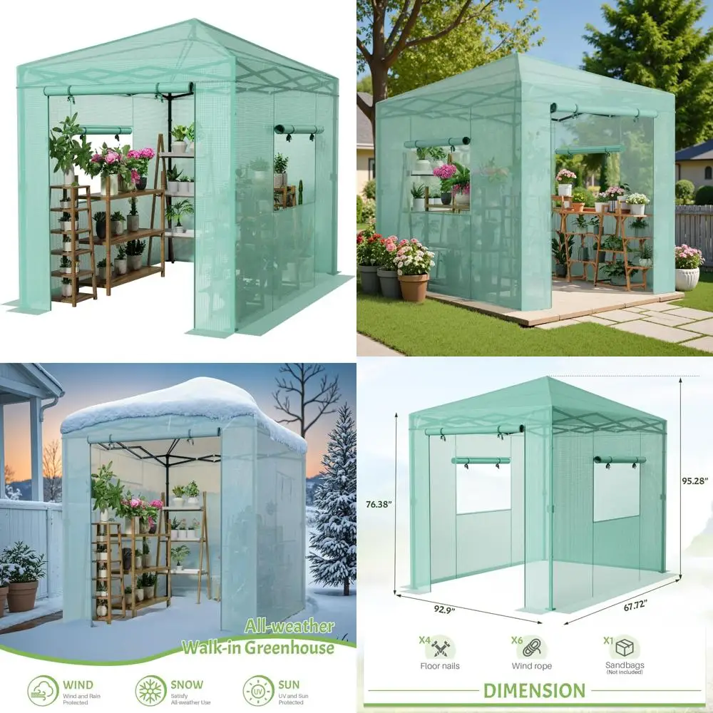 

Портативная всплывающая теплица Greesum размером 8x6 футов с центральным замком, полиэтиленовой крышкой, дверью на молнии и двумя подвижными окнами для легкой сборки (