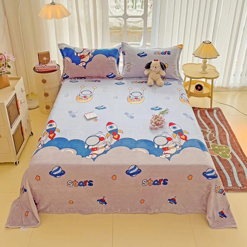 Velvet Bedsheet Cute Panda Flat Sheet Skin-friendly Bed Linen for Winter Warm Sheets sabana (Pillowcase Need Order)