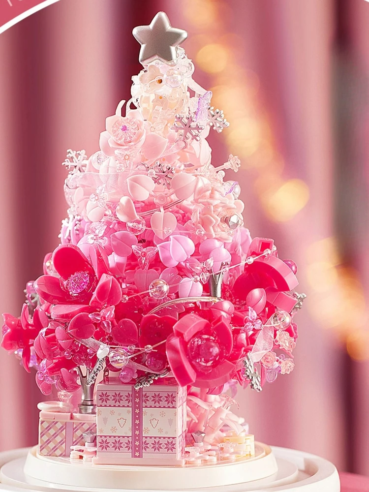 Set Blok Bangunan Pohon Natal Laut Bunga Merah Muda MOC Star Wish Dengan Lampu Mainan Spesial Festival Untuk Anak-Anak Hadiah Natal Liburan