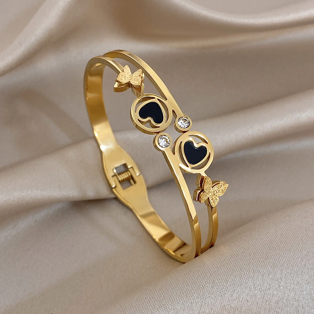 Greatera Black Gold Contrast Color Heart Double-layer Butterfly Bracelet Delicacy High Quality Rhinestone Inlaid Women's Bangle