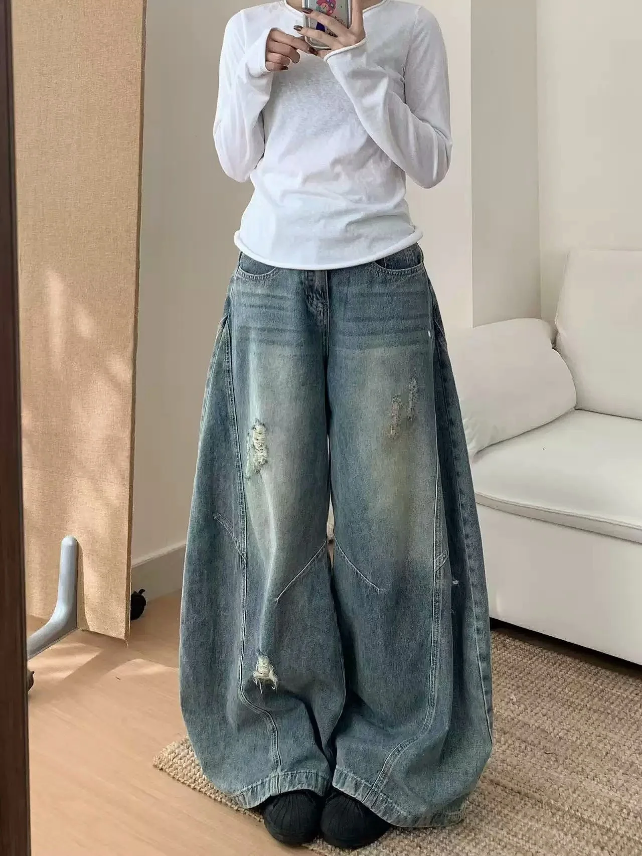 High Waist Wide Leg Denim Jeans Women's Summer New Loose Slimming Beautiful Knife  Floor Length Pants Trendy Casual Washed