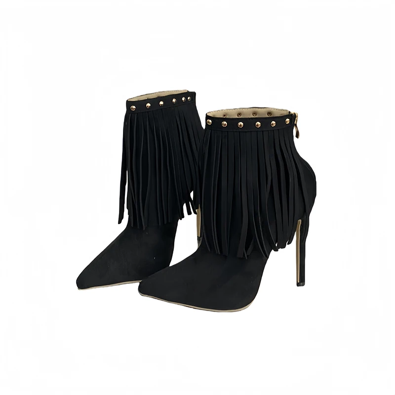 

Черные ботинки, женские ботильоны на шпильке, ботильоны с заклепками и кисточками, осенняя обувь на высоком каблуке, обувь большого размера