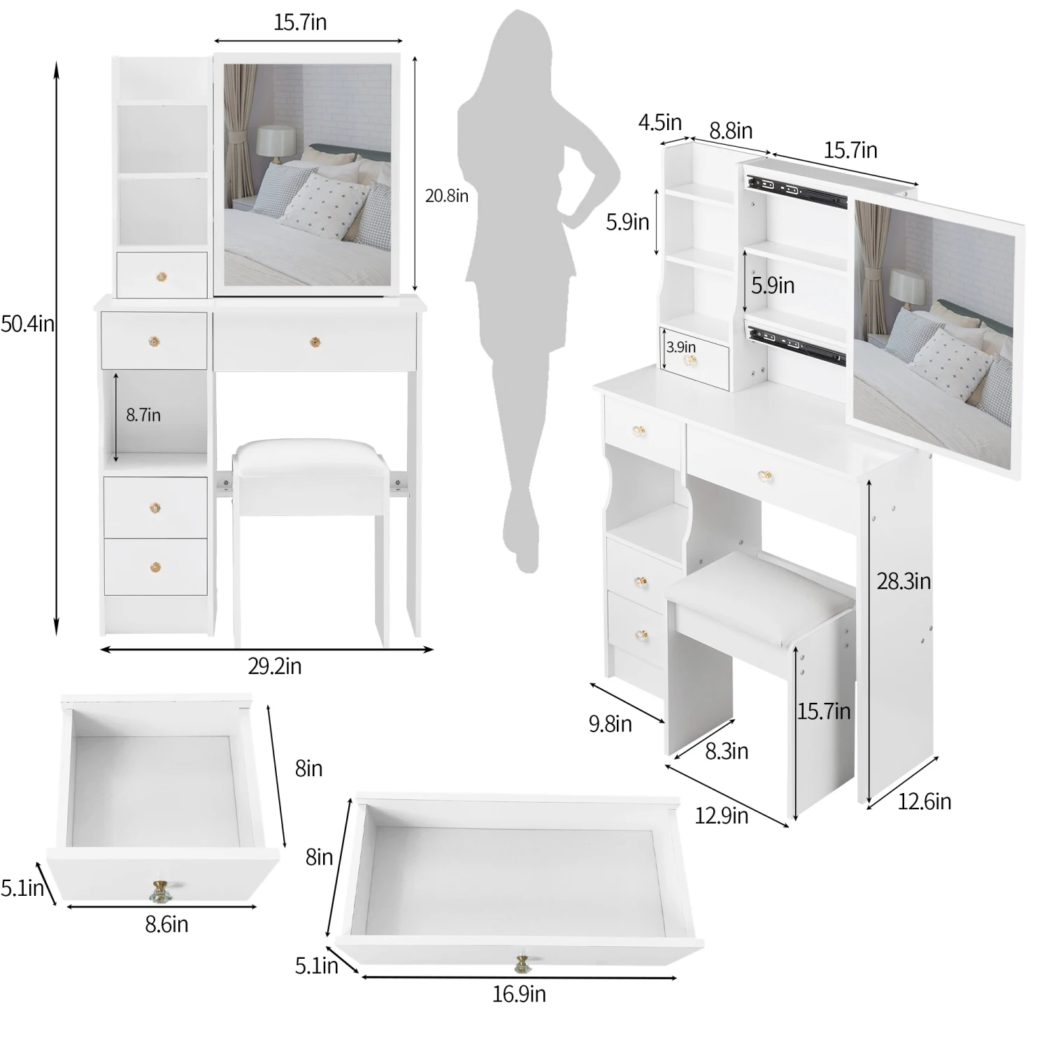 Small Size Left Drawer Desktop Vanity Table + Cushioned Stool, Extra Large Sliding Mirror, Multi Layer, High Capacity Storage Fa