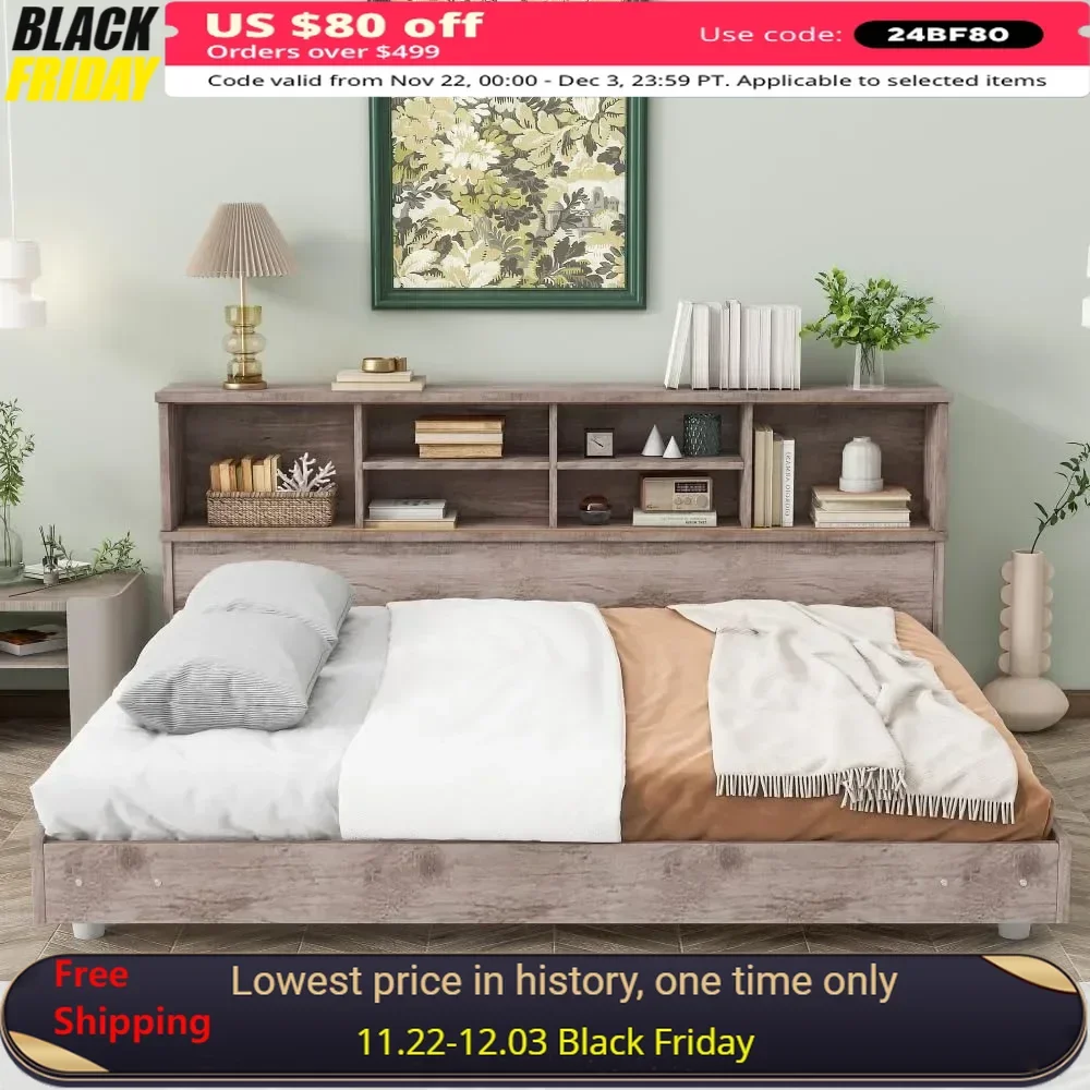 Full Size Daybed Frame with Storage Bookcases，Bed with Double-layer Storage Shelf，wide Boards and Slats for Bed, Daybed Frame