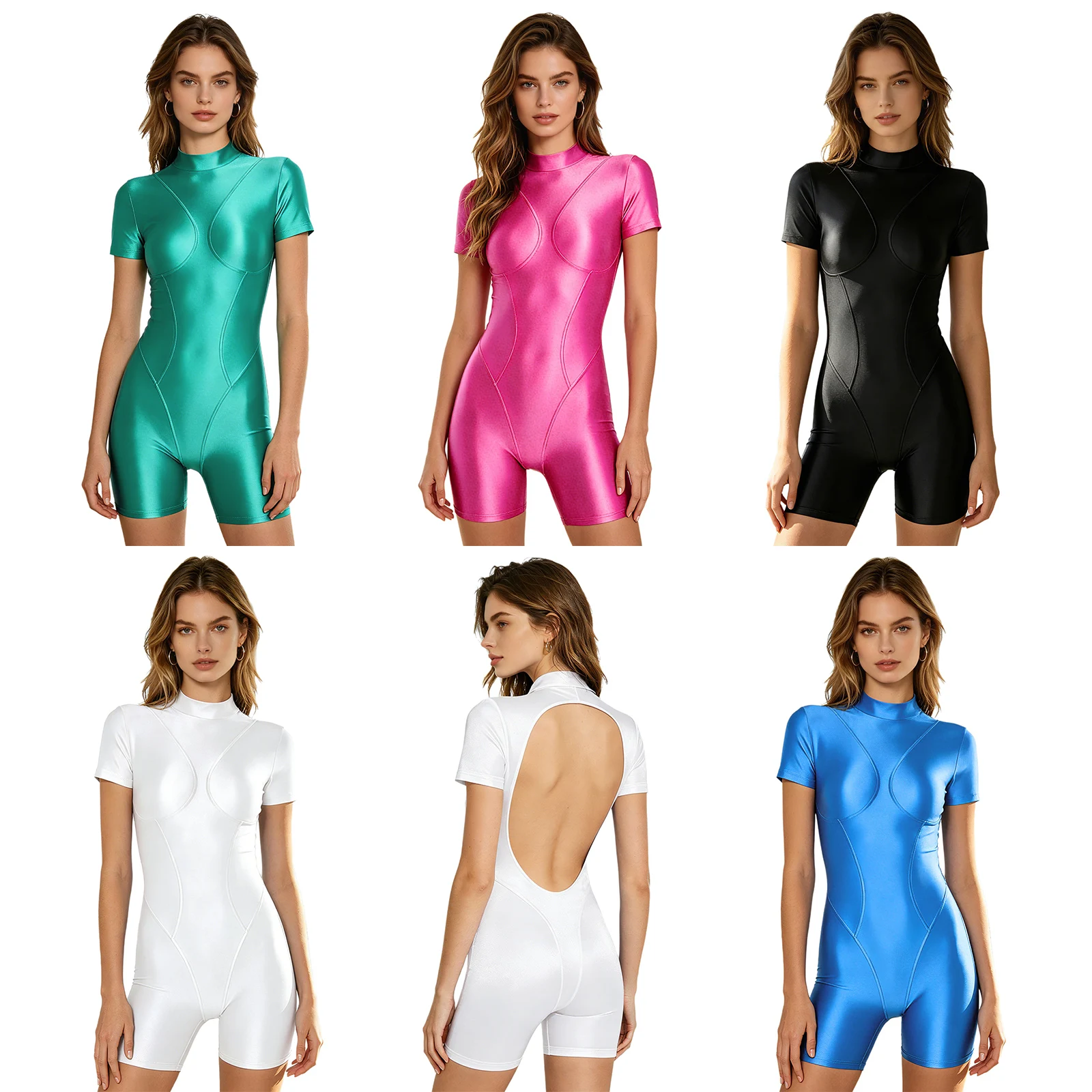 Women Short Sleeve Oily Glossy Slim Fit Bodysuit Swimsuit Wetsuit Rash Guard Surfing Diving Beach Pool Bathing Suit Swimwear