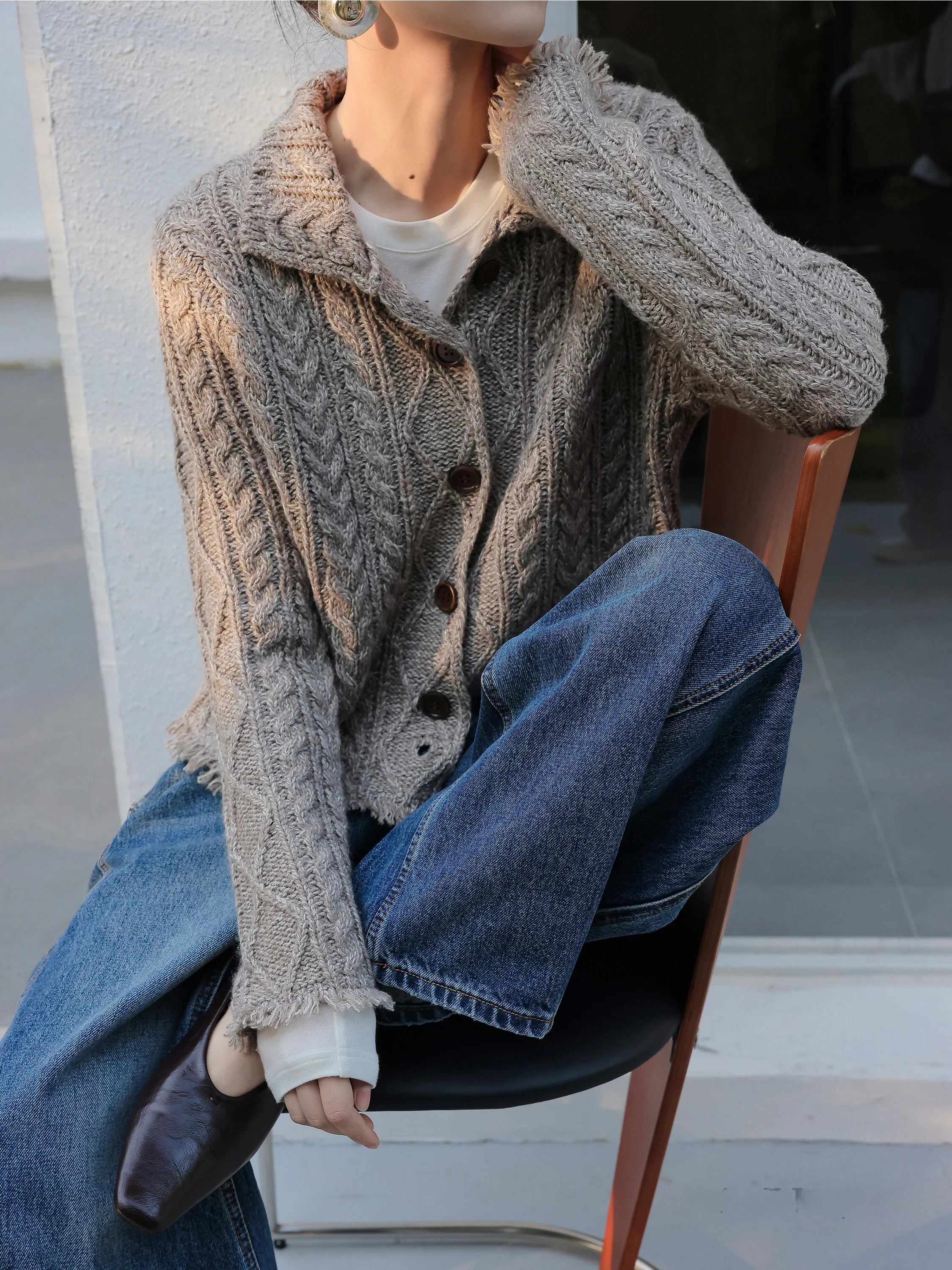 

JWUNIQUE Grey Wool Blend Twist Vintage Collar Open Cardigan Sweater Women's Autumn Winter Outerwear Knitted Loose Fit Pure Color