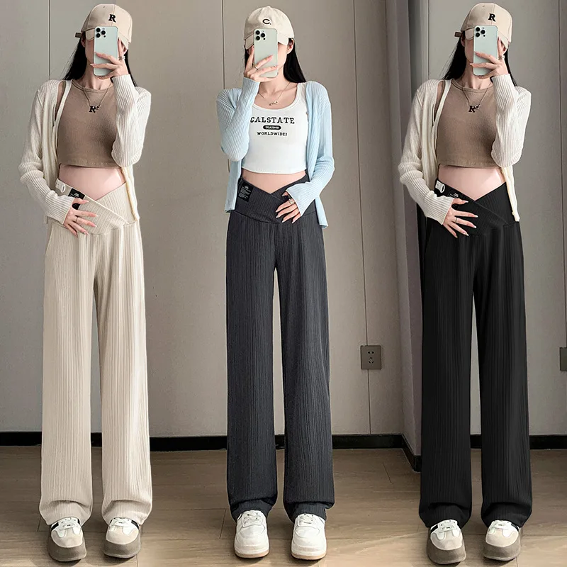 Summer Ice Silk Cool Loose Maternity Pants Adjustable High Waist Breathable Lightweight Pregnancy Casual Trousers Pregnant Women