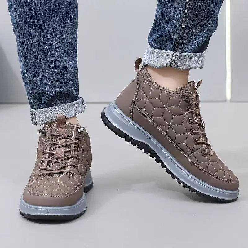 Sepatu Bot Salju Pria Musim Dingin Model Tinggi dengan Tali, Sol Tebal Anti Selip, Ringan, Tebal, Menjaga Kehangatan, untuk Usia Paruh Baya dan Lansia, Berbahan Katun