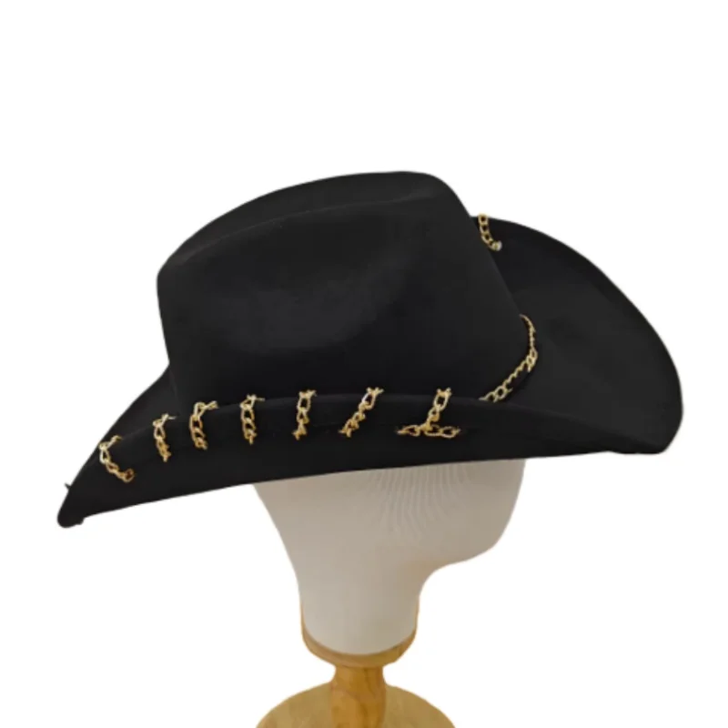 Autumn and Winter Gothic Style Chain Edge Suede Jazz Top Hat Men's Women's Dark Denim Hat Fashion Retro Casual Cap