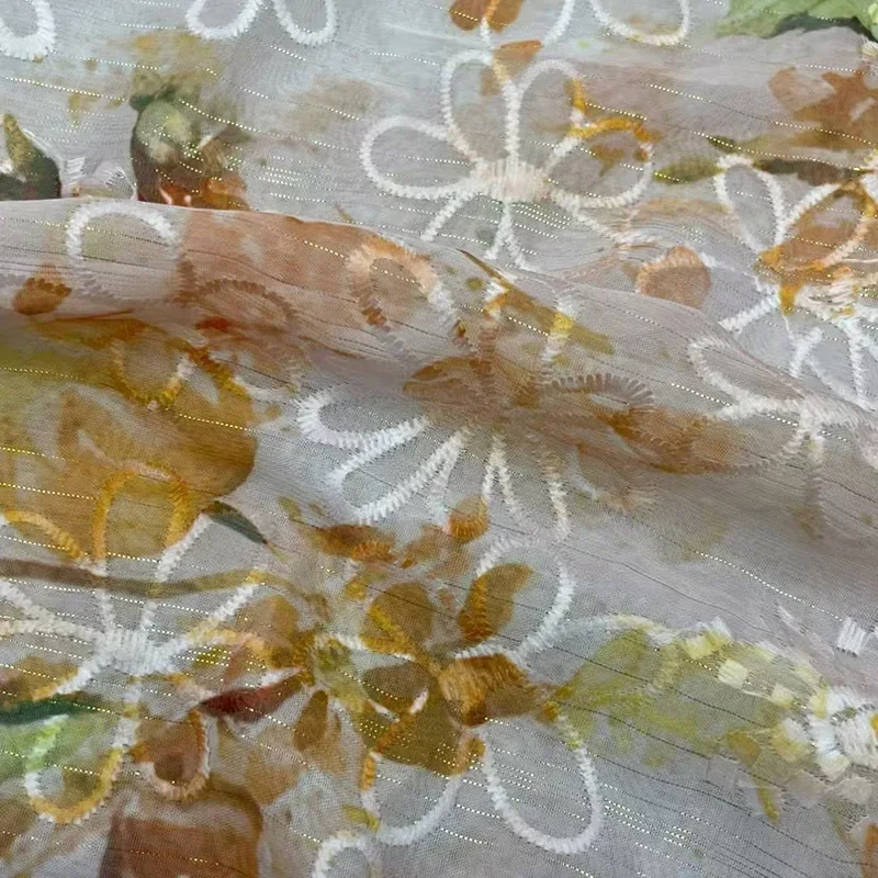 Latest rose flower printed lace embroidery 3D floral hollow fabric for wedding dress fabric full width
