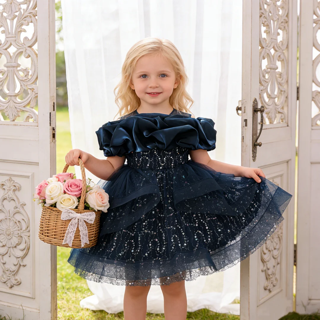 Baby Girl Spring/Summer Elegant Pink Birthday Party Dress Small Floral Pattern Elegant Baby Girl's Mesh Dress Kids Baby/Toddler
