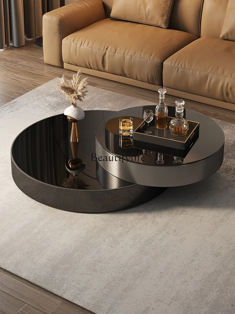 

Coffee table light luxury modern rotating size round simple black glass living room home