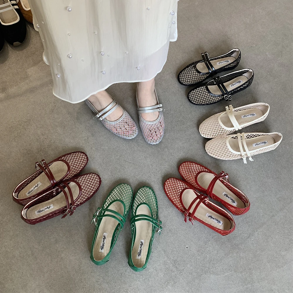 

Women's Mesh Ballet Flats Fishnet Ballerina Flats Round Toe Buckle Strap Mary Jane Flats Causal Comfy Office Daily Dress Shoes