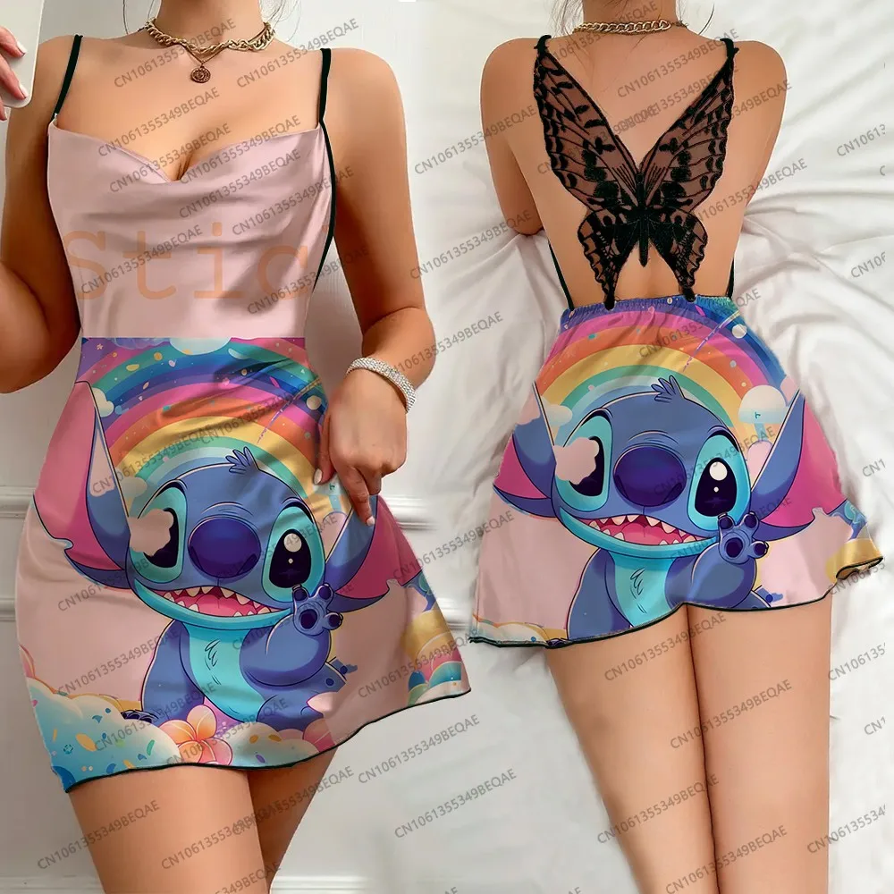 Summer Elegant Backless Party Dress for Women Sleeveless Butterfly Lace Cartoon Stitch Print Skirt Sexy Suspender Nightdress