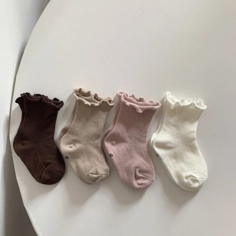 Baby socks, autumn and winter mid length socks, baby plush loop cotton socks, thickened girls, wooden ear edge princess socks, c