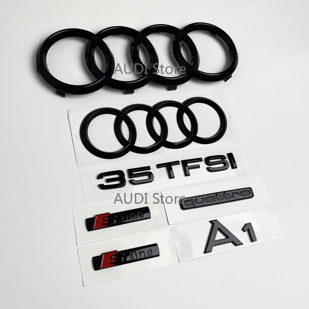 All AUDI A1 4-Ring logo ABS Black Car Hood Front Bonnet Grill Rear Trunk Emblem Badge Sticker A1 mark 30TFSI Quarrto Emblem