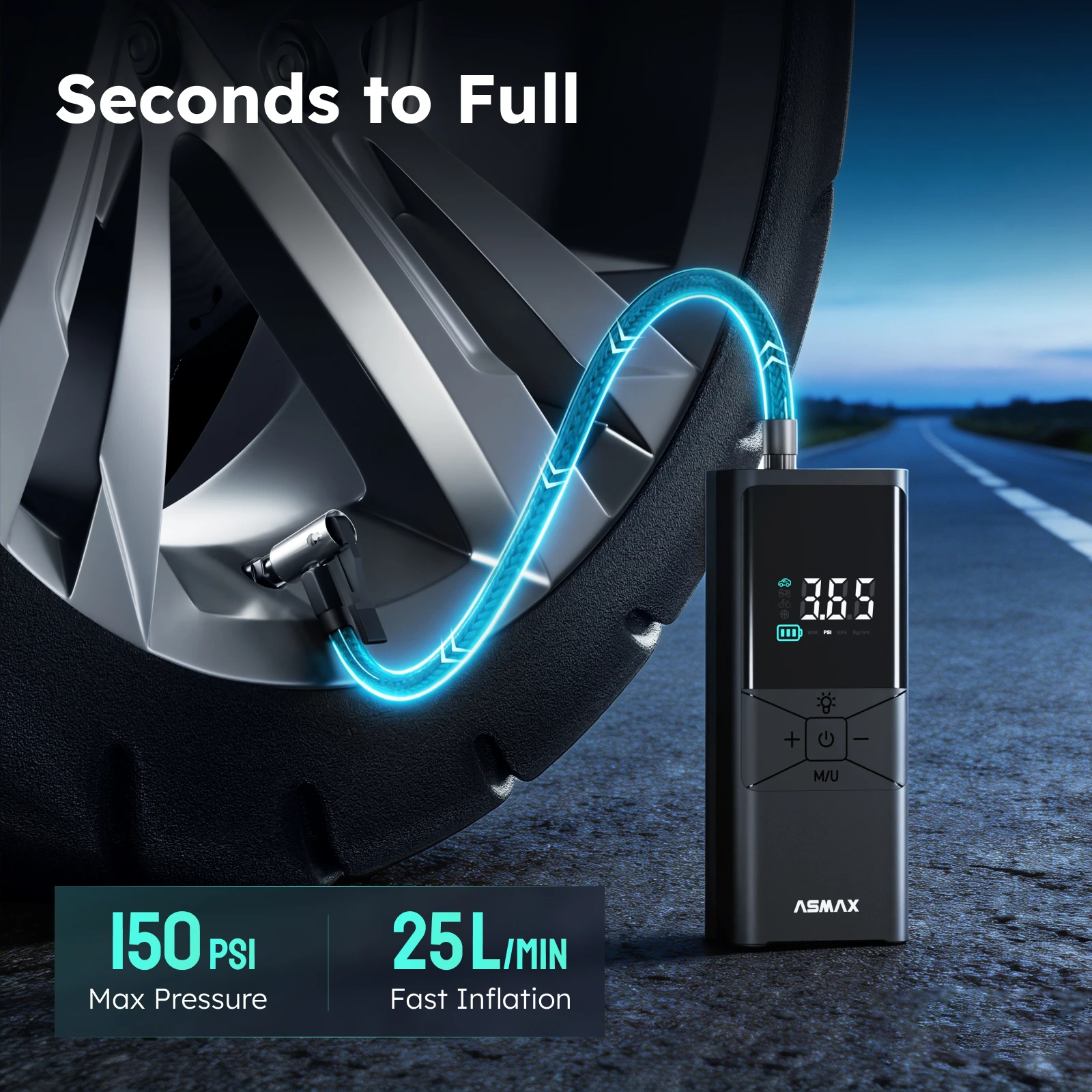 ASMAX T40 Rechargeable Air Pump 150PSI Cordless Tire Inflator 6000mAh Battery with Real-Time LED Digital Pressure Display