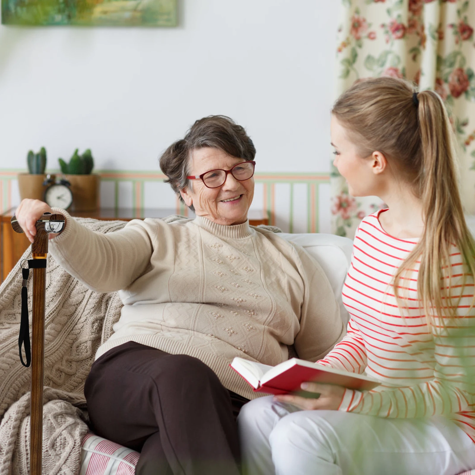 

Telescopic Walking Stick Adjustable Height Elderly Crutch Anti Skid Rubber Tip Simple Pole Wooden Handle Yellow Color