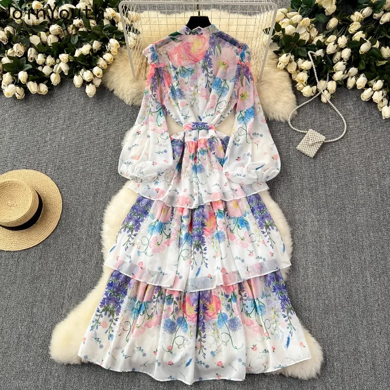 Robe en mousseline de soie imprimée vintage pour femmes, robes Maxi, taille fine, manches lanterne, robe florale d'été, 2024