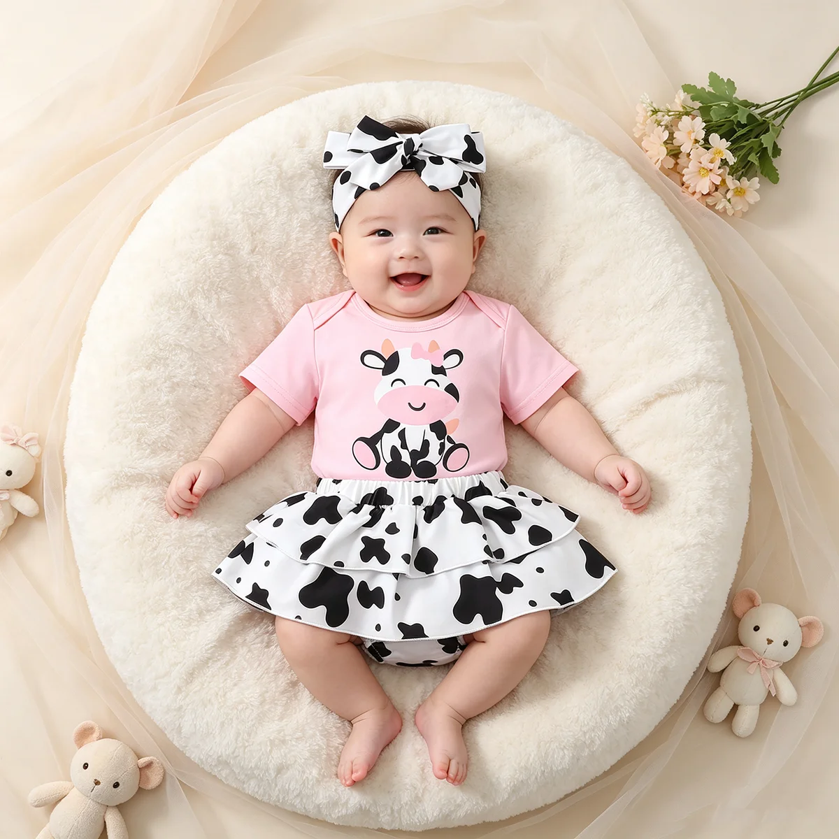 Baby Girl Set Small Milk Cow Print Jumpsuit+Pleated Double-Layer Skirt+Headband Suitable 0-18 Months Cute Baby Girl Daily Set