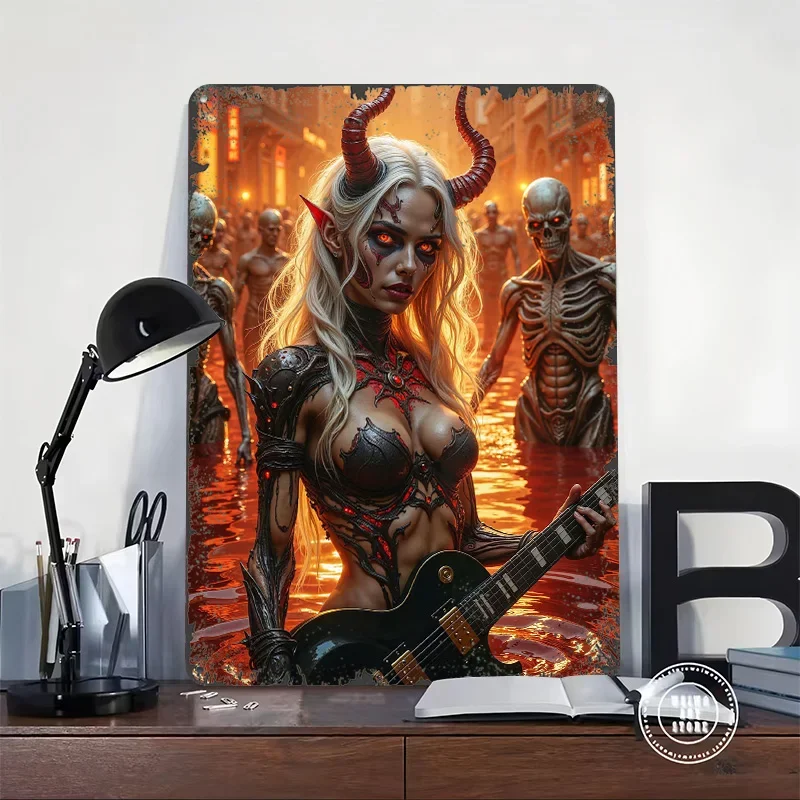 Demon Girl Playing Guitar in Hell Printed Poster Customized Wall Art Retro Vintage Metal Tin Signs for Home Decor Items Man Cave