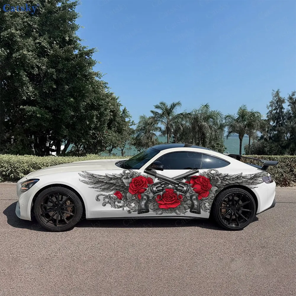 

2pcs Dual Guns Rose Wings Car Side Wraps, Self-Adhesive PVC Waterproof & Scratch-Resistant Stickers, Car Accessory Gift