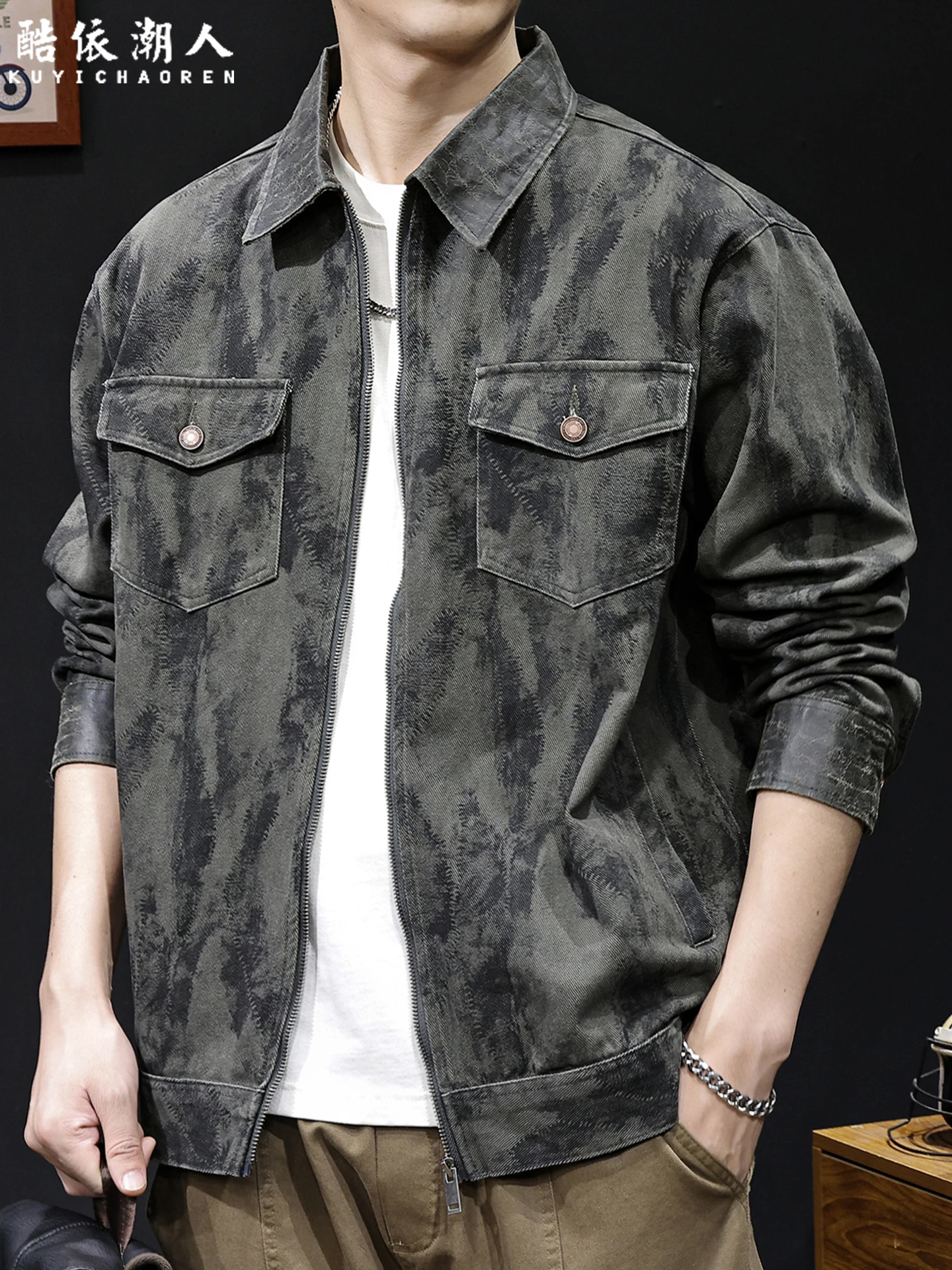 

Мужская повседневная джинсовая куртка, весенне-осенняя высококачественная брендовая модная куртка большого размера с принтом из хлопчатобумажной ткани, кожаная Sensation Jaet