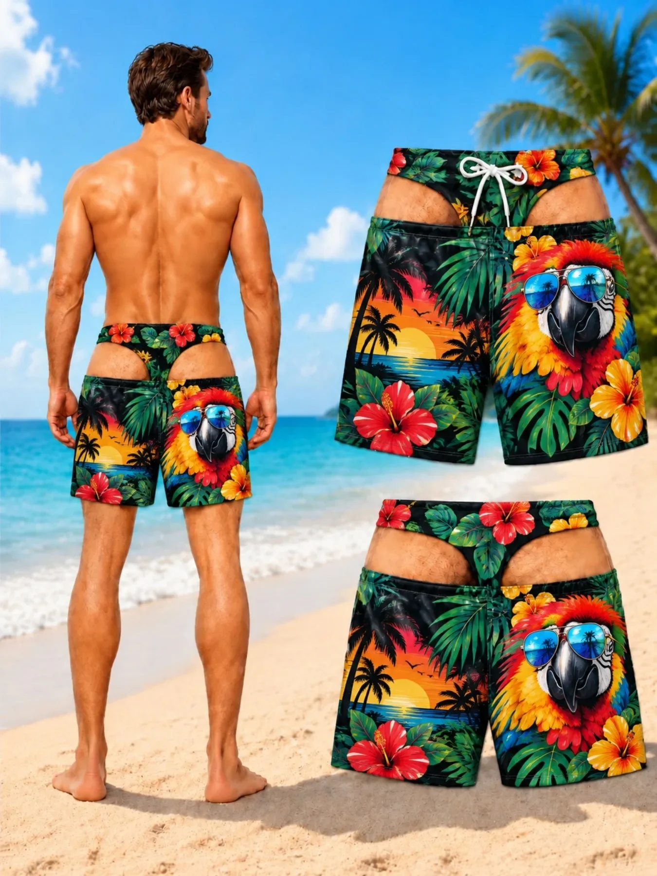 Funny Fake Bikini Waist Men Swim Trunks Cute Capybara Tropical Beach Print Quick Dry Drawstring Beach Shorts Summer Vacation Gag