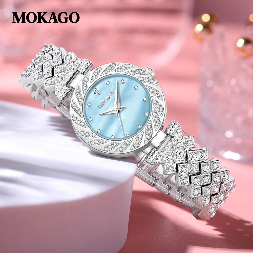 

New Diamond Inlaid Watch for Women Waterproof Round Pearl Shell Dial High End Shiny Jewelry Ladies Bracelet Quartz Wrist Watch