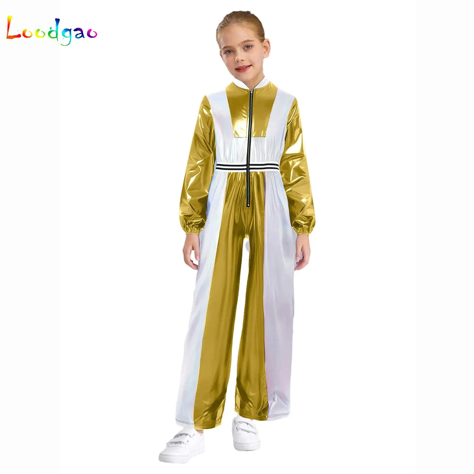 

Kids Girls Metallic Jumpsuit Long Sleeves Cutie 70s Hippie Full Bodysuit Unitard Jazz Dance Hip-Hop Stage Performance Costume