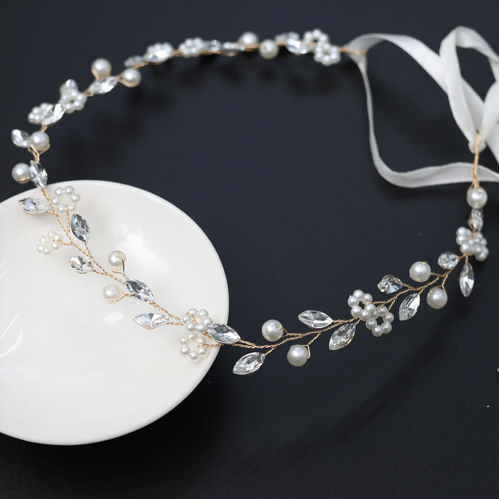 Bridal Pearl Hairband With Crystal Fashion Wedding Guest Hair Accessories Fairy Prom Headband With Ribbon Elegant Marriage Tiara