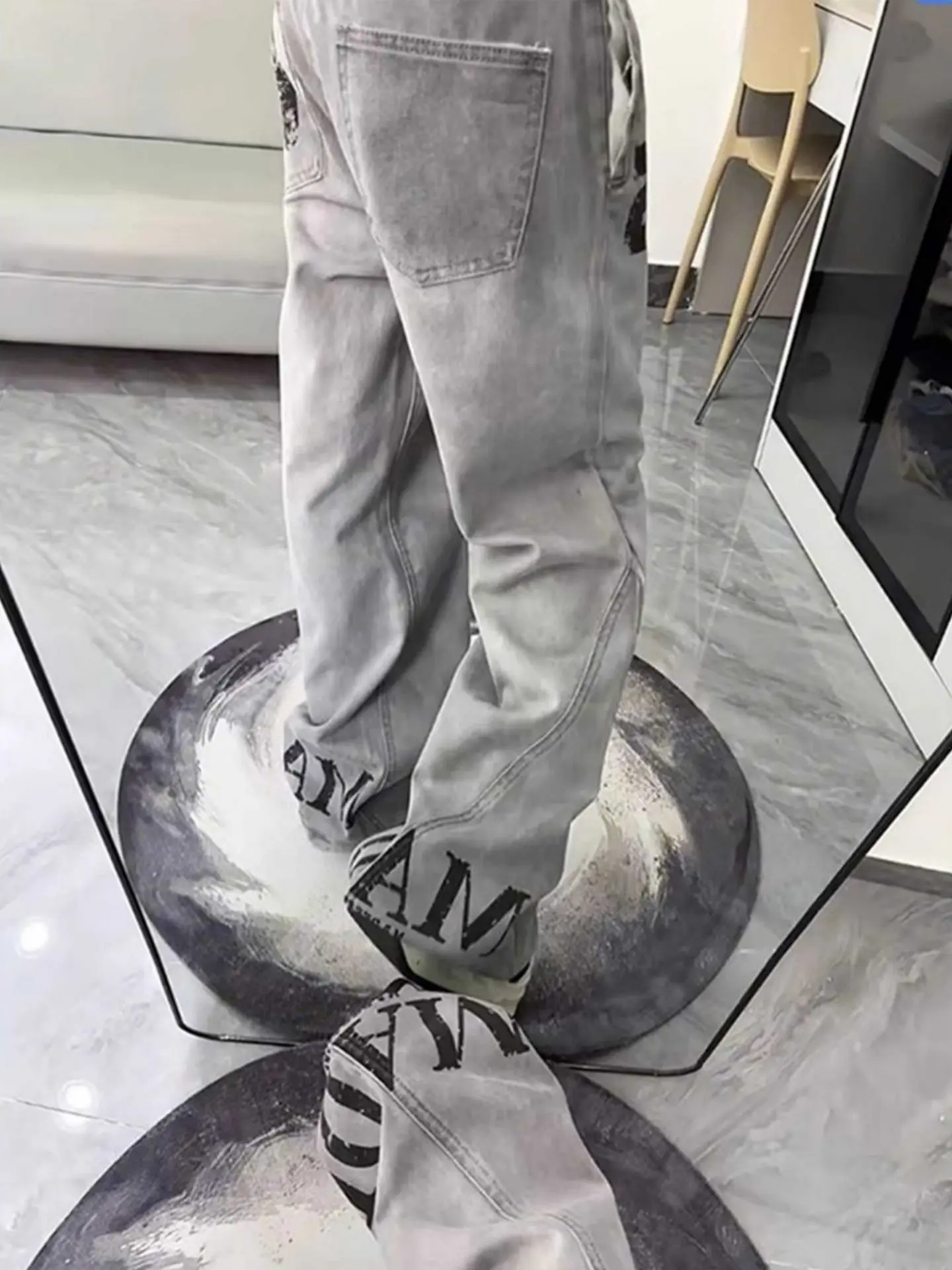 Smoky Grey Letter Slanted Cut Knife Jeans Men's Women's American High Street Design Sense Straight Leg Micro Flared Pants