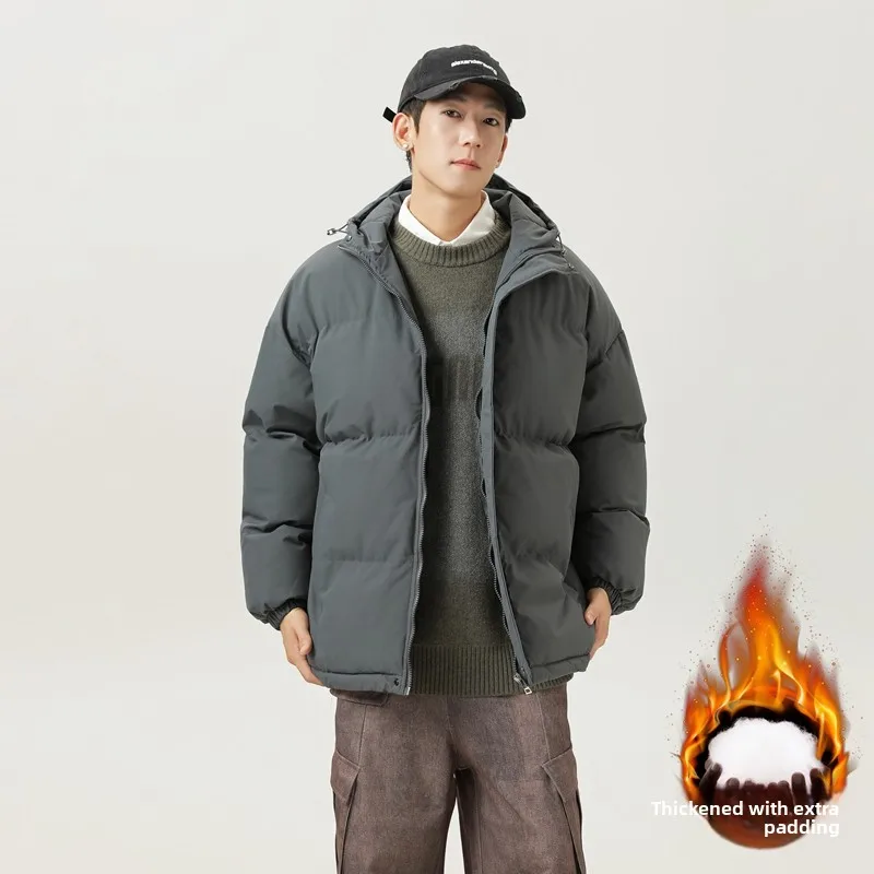 

New Pure Color Hooded Cotton Jaet Men's Winter Trend Couple's Winter Clothes Windproof Warm Bread Sle Cotton Coat