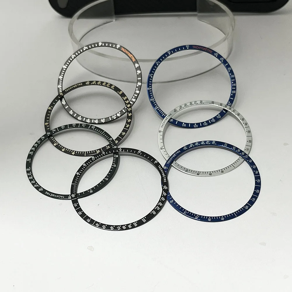 الإطار المسطح المصنوع من الألومنيوم بقطر خارجي 38.5 مم باللونين الأسود والأزرق مناسب لمكونات ساعة الكرونوغراف VK63