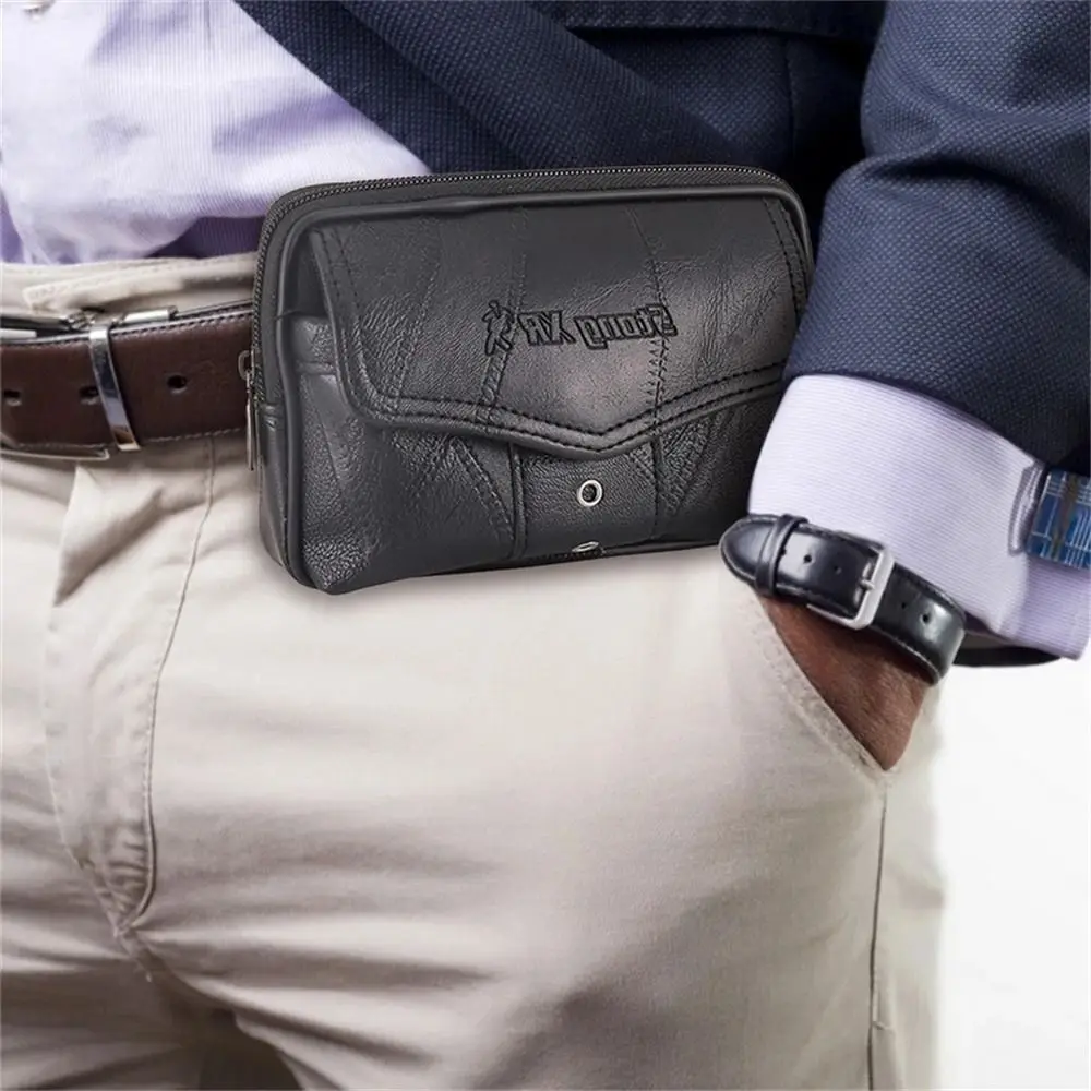 New Large Capacity Mobile Phone Bag Leather Solid color Running Pouch Waist Bag