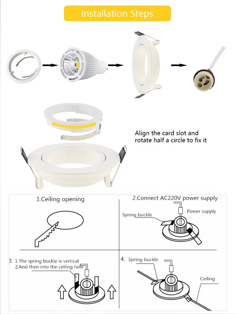 Modern LED Spotlight Recessed Fitting Ceiling Lamp Adjustable Frame GU10 Bulb Fixture Changeable 55mm/2.17inch Cut Hole