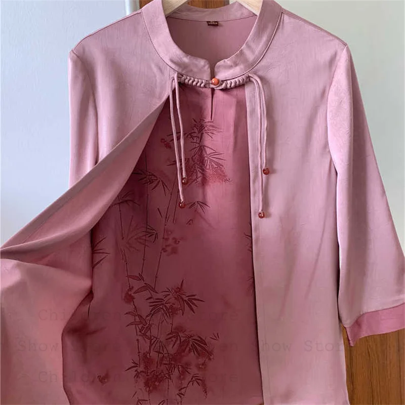 オーバーサイズ 3Xl 4Xl 5Xl 韓服唐服伝統スタンドカラーシャツママの女性絹のようなブラウスルーズチャイナトップ韓服