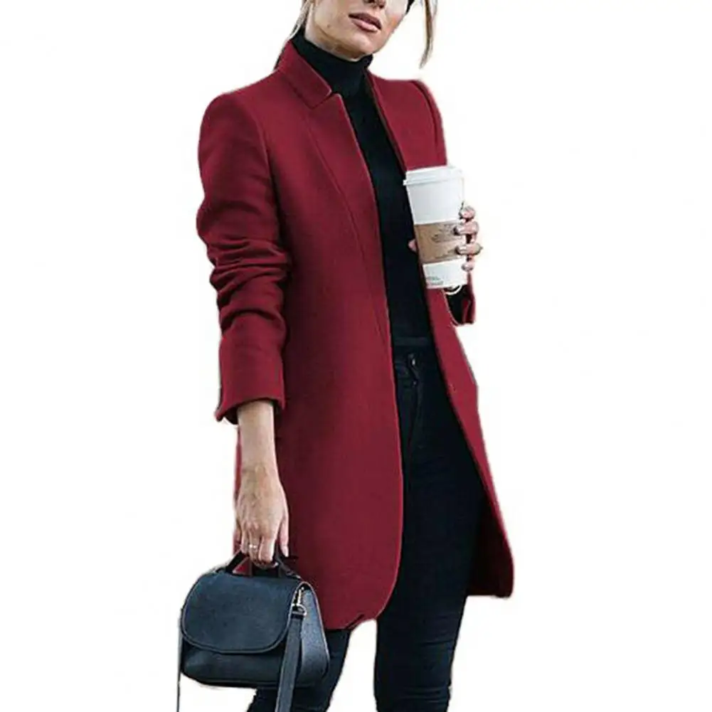 

Solid Color Jacket Elegant Stand Collar Woolen Coat for Women Slim Fit Overcoat with Long Sleeves Mid Length for Fall for Office