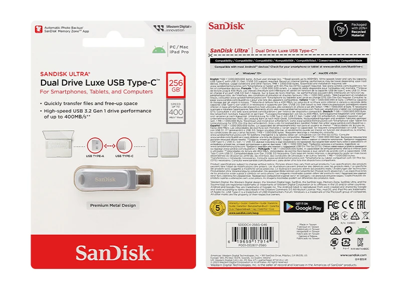 SanDisk Metall-USB 3.2 Typ-A und Typ-C Flash-Laufwerk DDC4 Pendrive 64GB 128GB 256GB 512GB 1TB Max 400Mb/s U-Disk für iPhone 17 – Detail 14