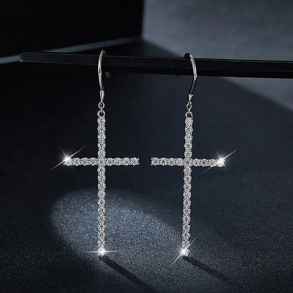 Serenity Day Real D Color 1.25 Carat 1.8mm Full Moissanite Cross Earring For Women S925 Sterling Silver Plate Pt950 Fine Jewelry