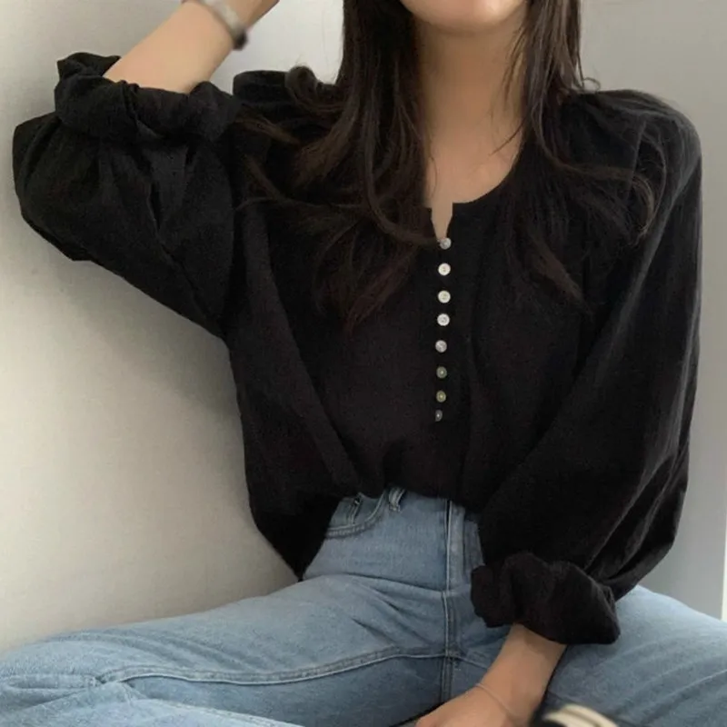 Chic Long Sleeve Thin Cotton Soft Shirt Lady Summer Sweet Puff Sleeve V-Neck Button Air Condition Commuting Simple Loose Shirt