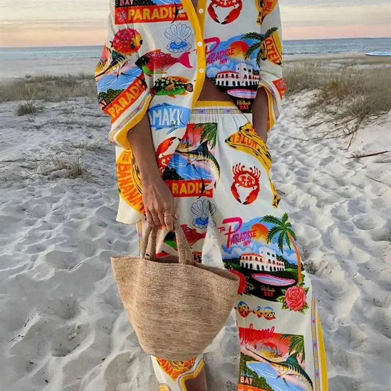 

Пляжный женский костюм с тропическим принтом irt Summer Vaion Sle Long Sve, повседневное платье больших размеров, женская одежда